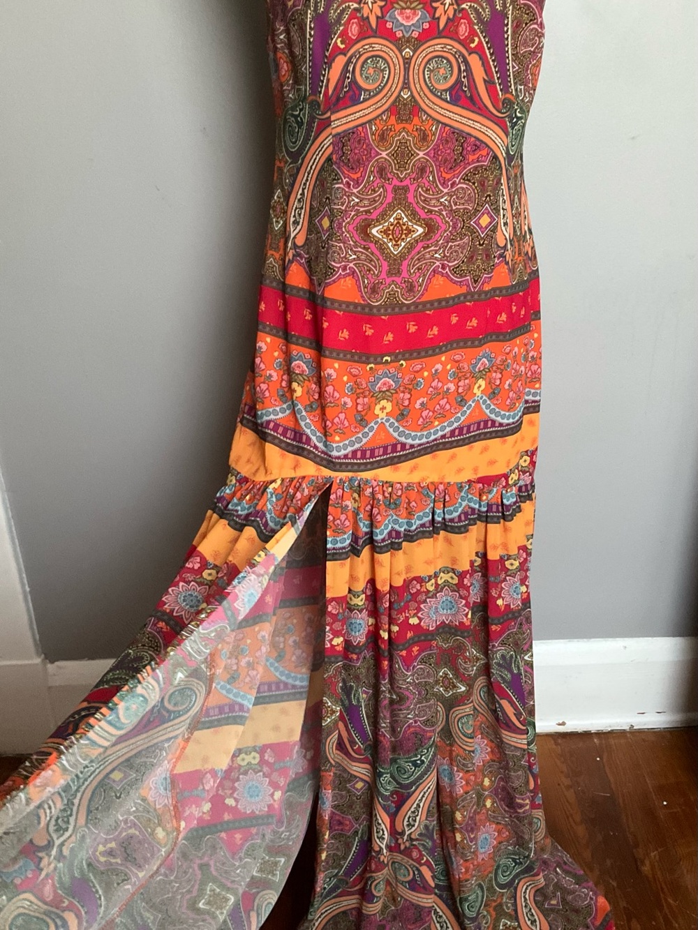 Fashion Nova LUXE Multicolor Paisley Strapless Maxi Dress Red & Orange Accent M